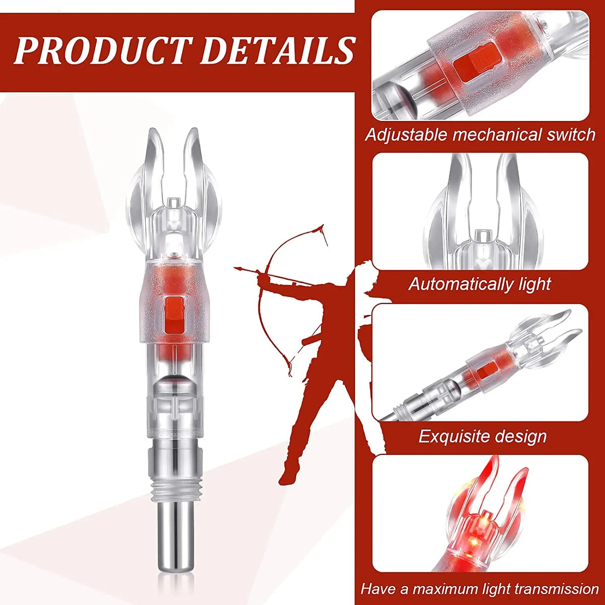 A silver lighted arrow nock for archery with an adjustable mechanical switch and exquisite design.