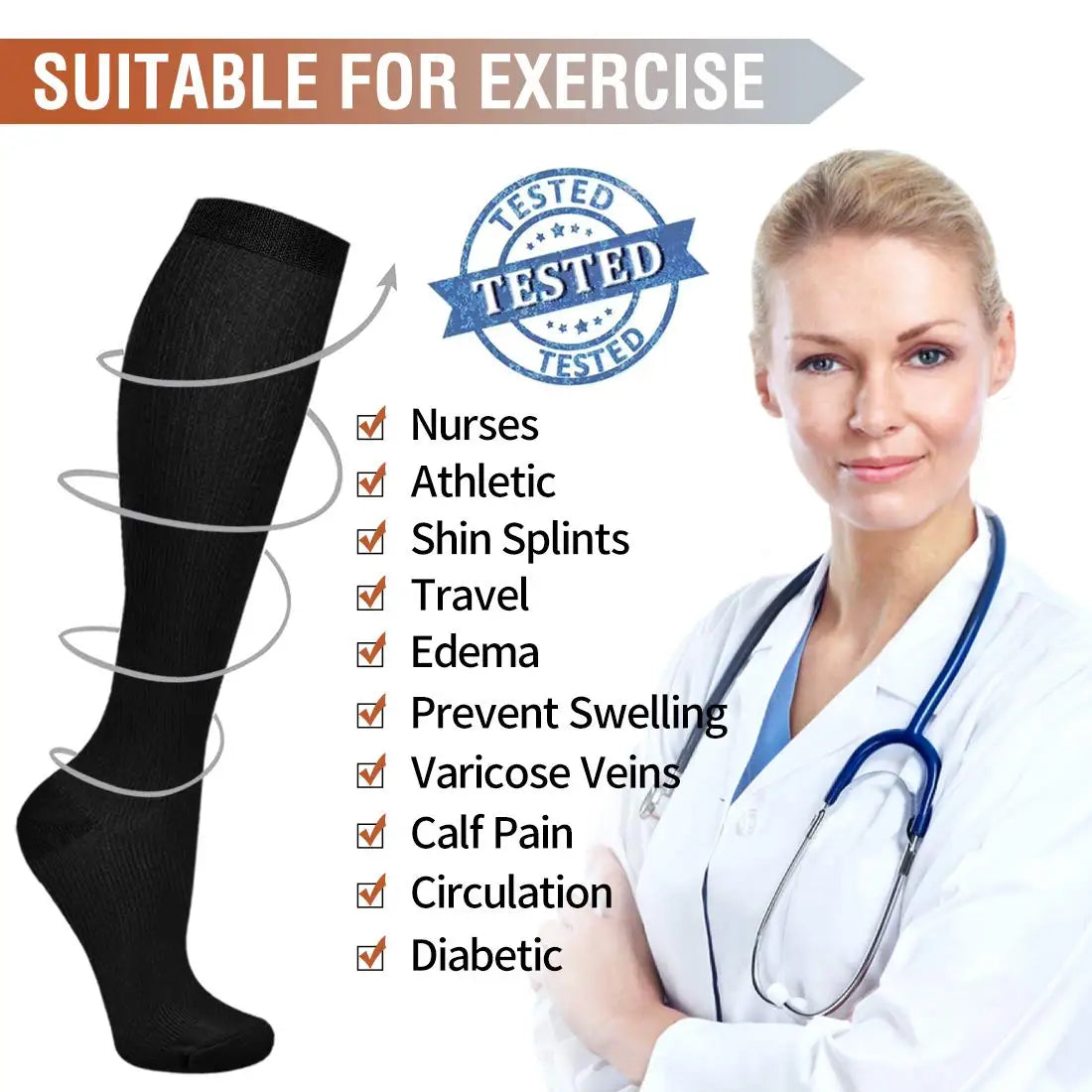 A doctor shows a black compression sock suitable for exercise and vein support.