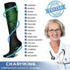 Black compression socks with green accents shown next to a doctor, labeled as charmking compression socks.