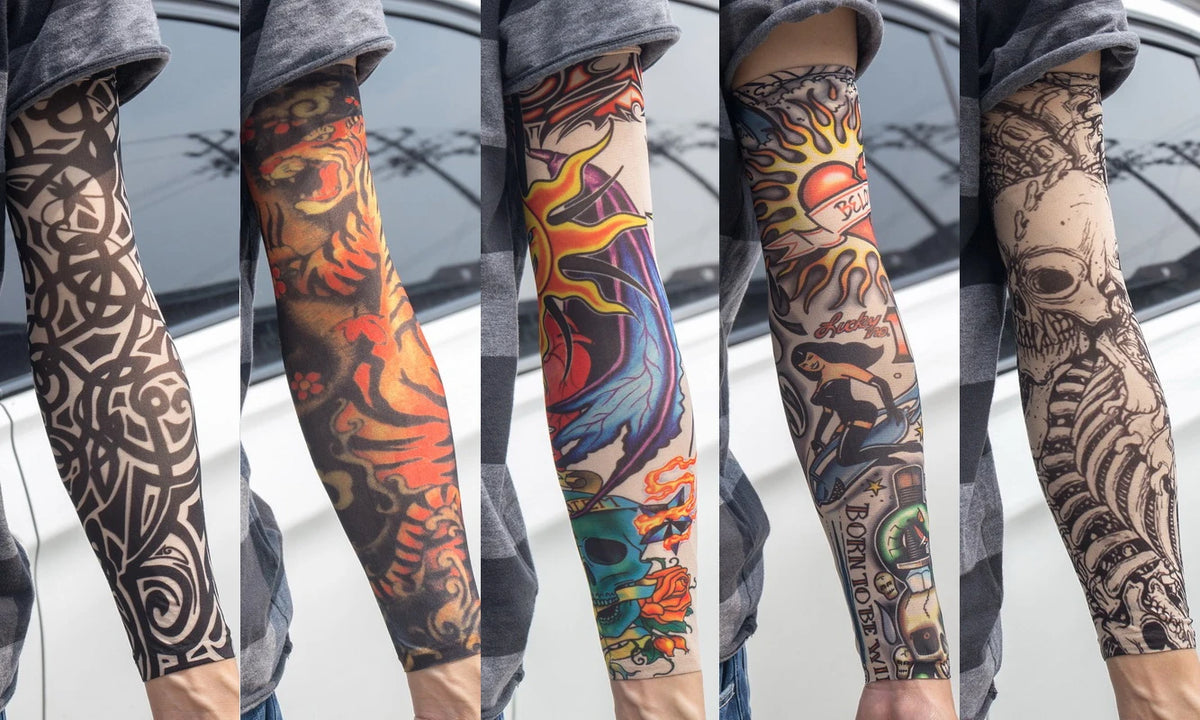 A set of reusable UV protection tattoo arm sleeves featuring colorful, intricate designs on the forearm.