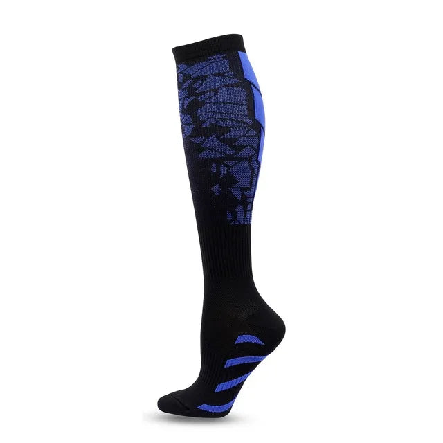 A pair of navy blue graduated compression socks with light blue accents.