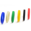 A row of multi-color silicone elastic wristbands in blue, cream, green, yellow, black, and red.