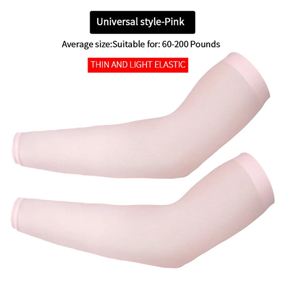 Pink fingerless arm sleeves shown in two views, indicating they are thin and light elastic for UV protection and warmth.