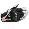 A pair of black and white genuine leather motorcycle motocross gloves shown from above.