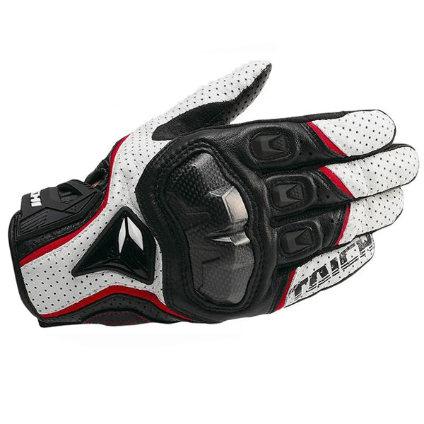 A pair of black and white genuine leather motorcycle motocross gloves shown from above.