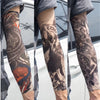 Three views of reusable tattoo arm sleeves featuring intricate black and gray designs on the forearm.