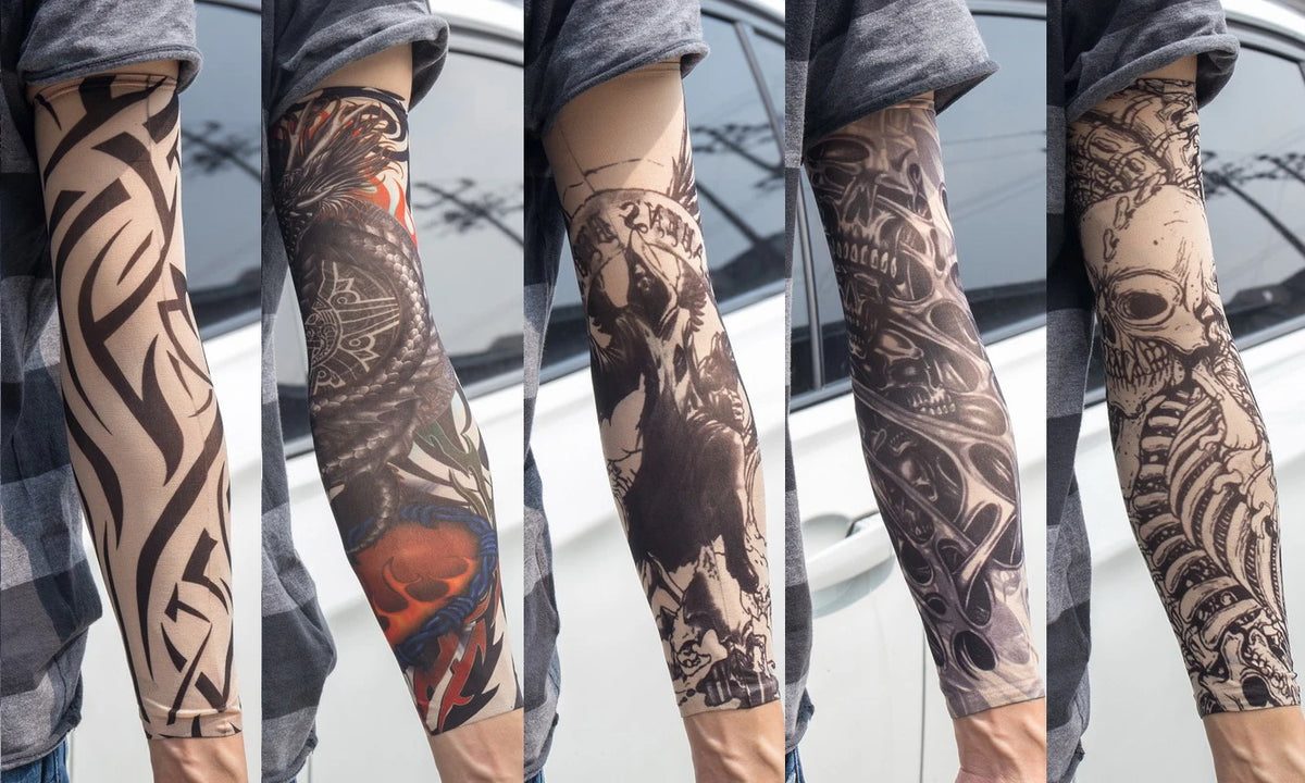 Three views of reusable tattoo arm sleeves featuring intricate black and gray designs on the forearm.