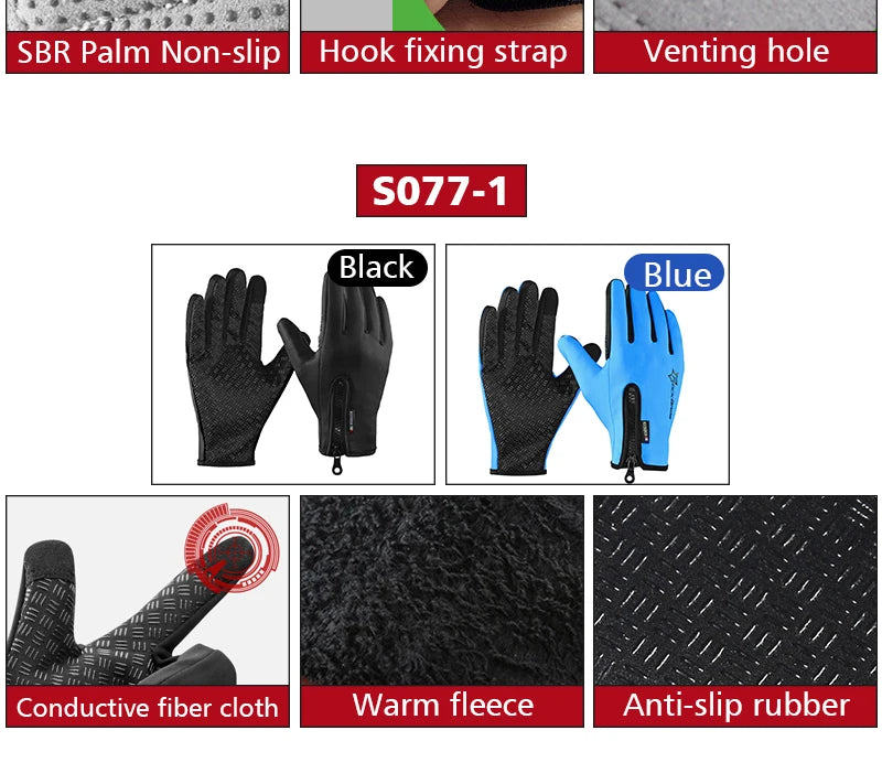 Set of black and blue all-weather cycling gloves featuring non-slip palm, hook fixing strap, venting hole, conductive fiber c