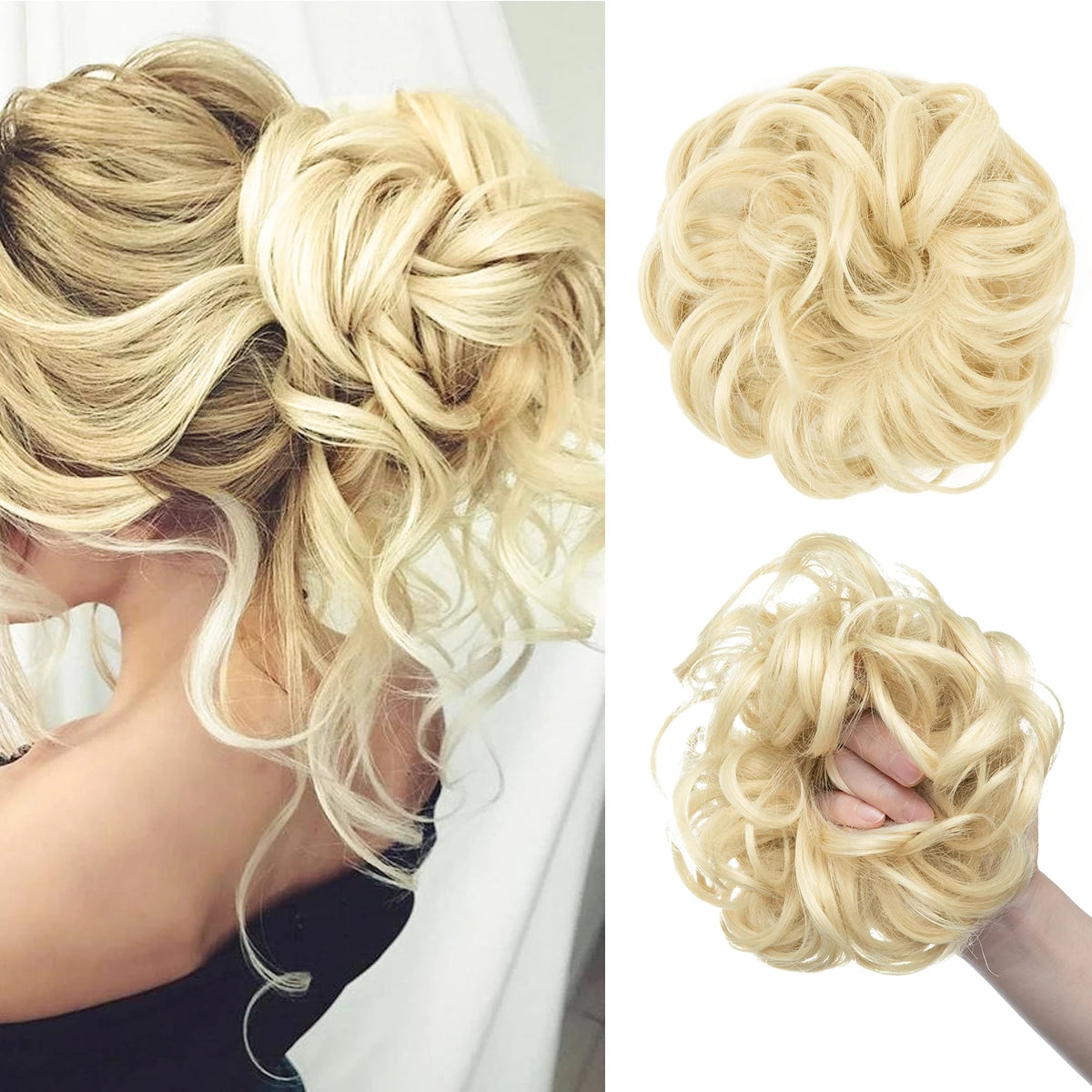 A close-up of blonde hair styled in a loose, textured bun with wavy extensions.