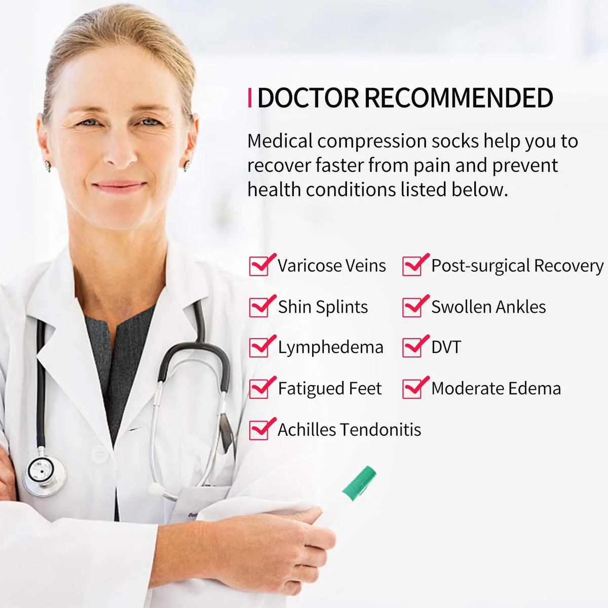 A doctor recommends medical compression socks for various conditions like varicose veins and swollen ankles.