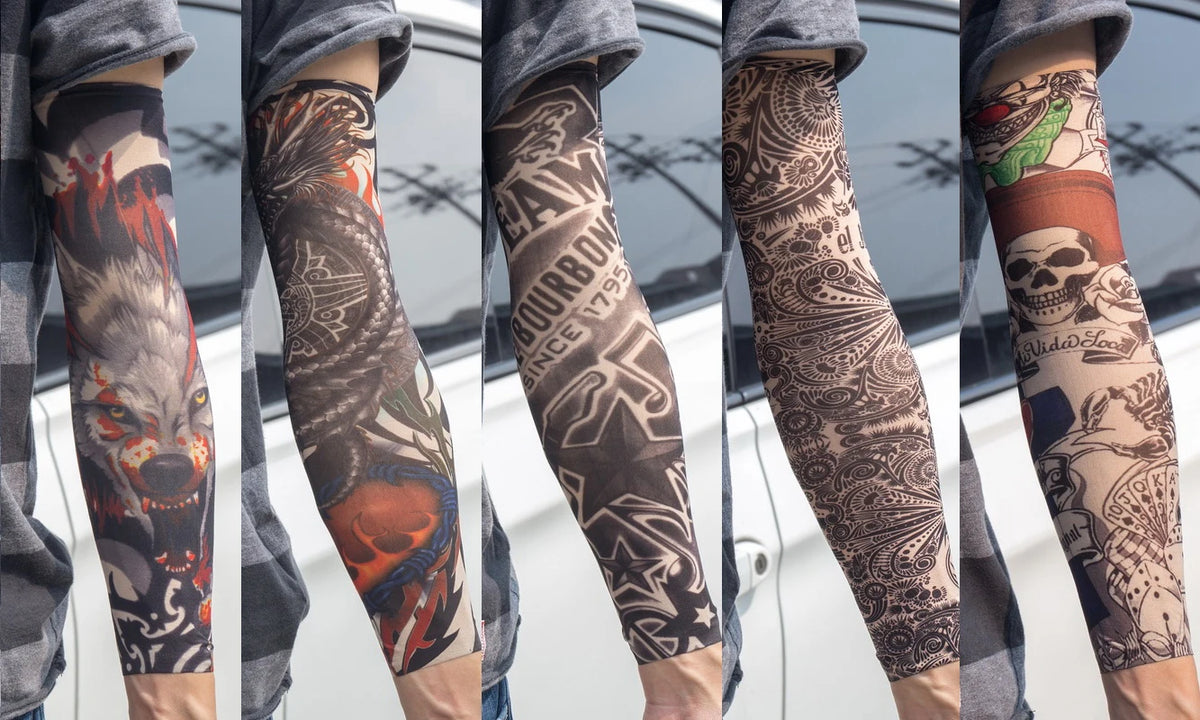 Close-up of a person wearing black and gray reusable UV protection tattoo arm sleeves with intricate designs.