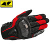 A pair of black and red motorcycle motocross gloves with a textured palm and reinforced knuckles.