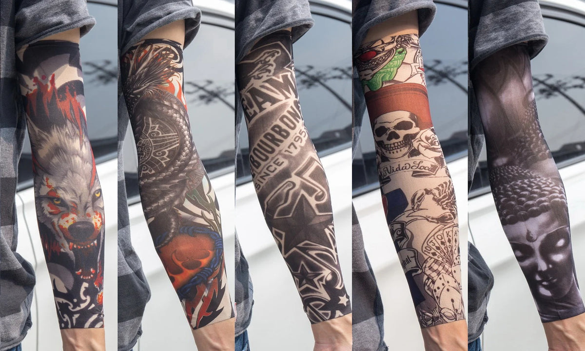 Close-up of a person wearing reusable UV protection tattoo arm sleeves featuring detailed black and gray tribal and skull des