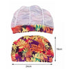 A pink and purple elastic nylon turban swimming cap shown in both unfolded and worn forms.
