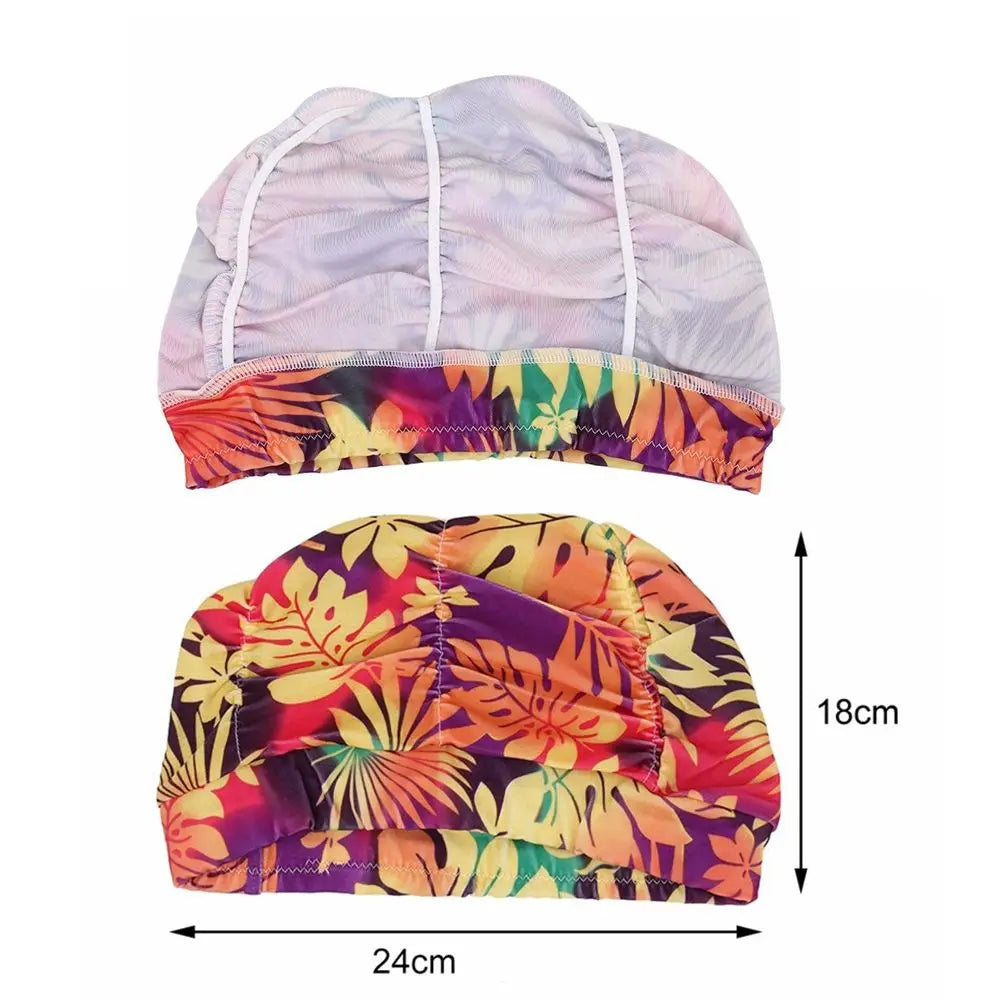 A pink and purple elastic nylon turban swimming cap shown in both unfolded and worn forms.