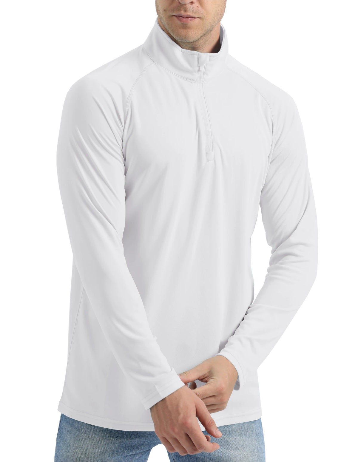 A man wearing a white lightweight UV protection long sleeve shirt.