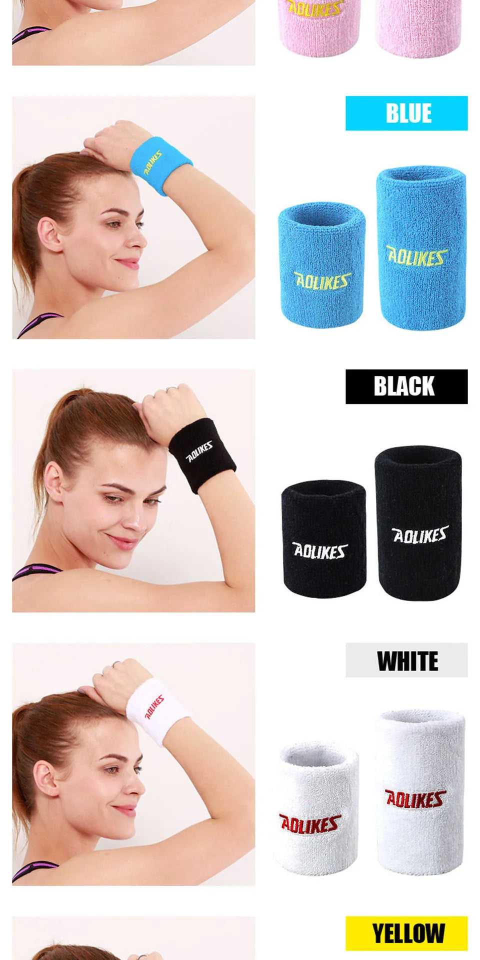 A collection of durable sport wristbands in blue, black, white, and yellow colors shown on a model's arm.