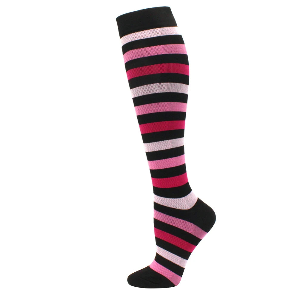 Black and pink striped medical grade compression socks for circulation and vein support