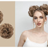 A model shows off messy curly hair bun extensions styled in two different updos.