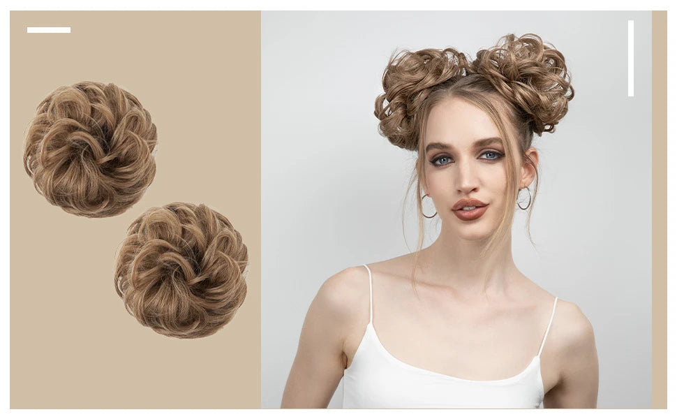 A model shows off messy curly hair bun extensions styled in two different updos.