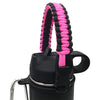 A black water bottle with a pink and black paracord strap attached.