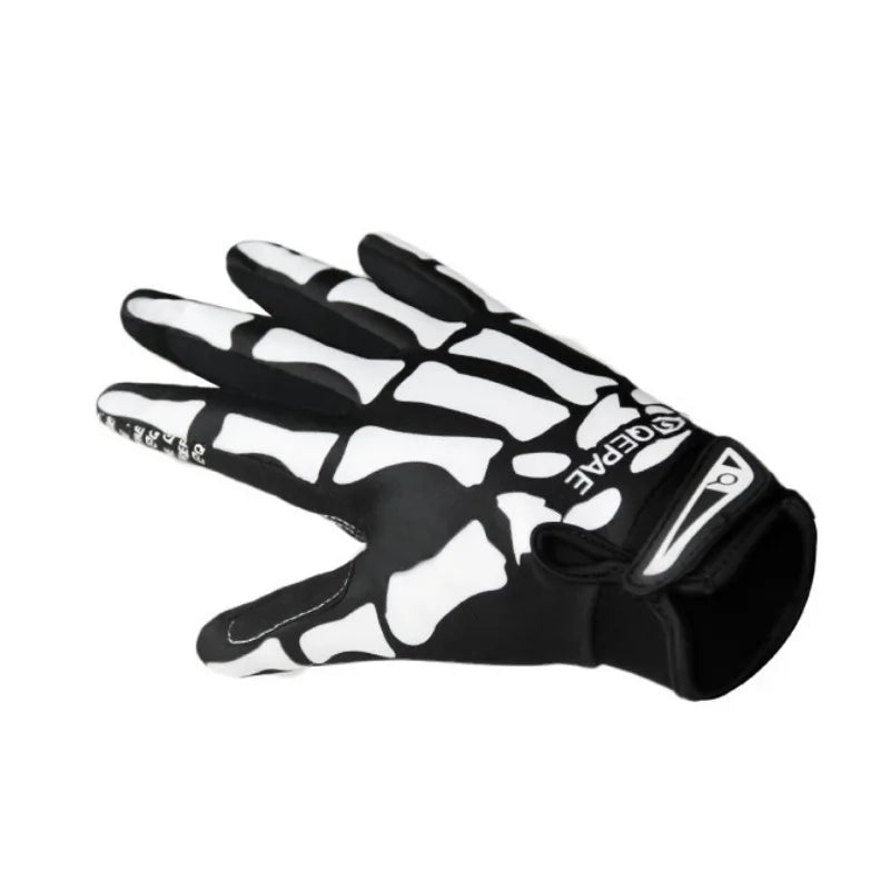 Black and white skeleton print cycling gloves shown from the palm side.