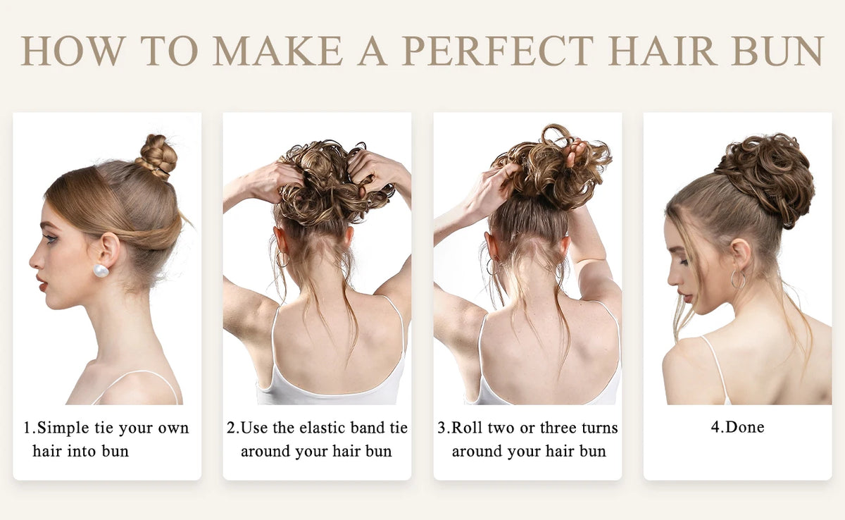 Step-by-step guide showing how to make a perfect hair bun with four illustrated steps.