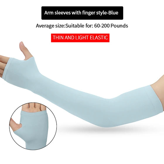 Light blue fingerless arm sleeve worn on an arm, showing the fit and design.