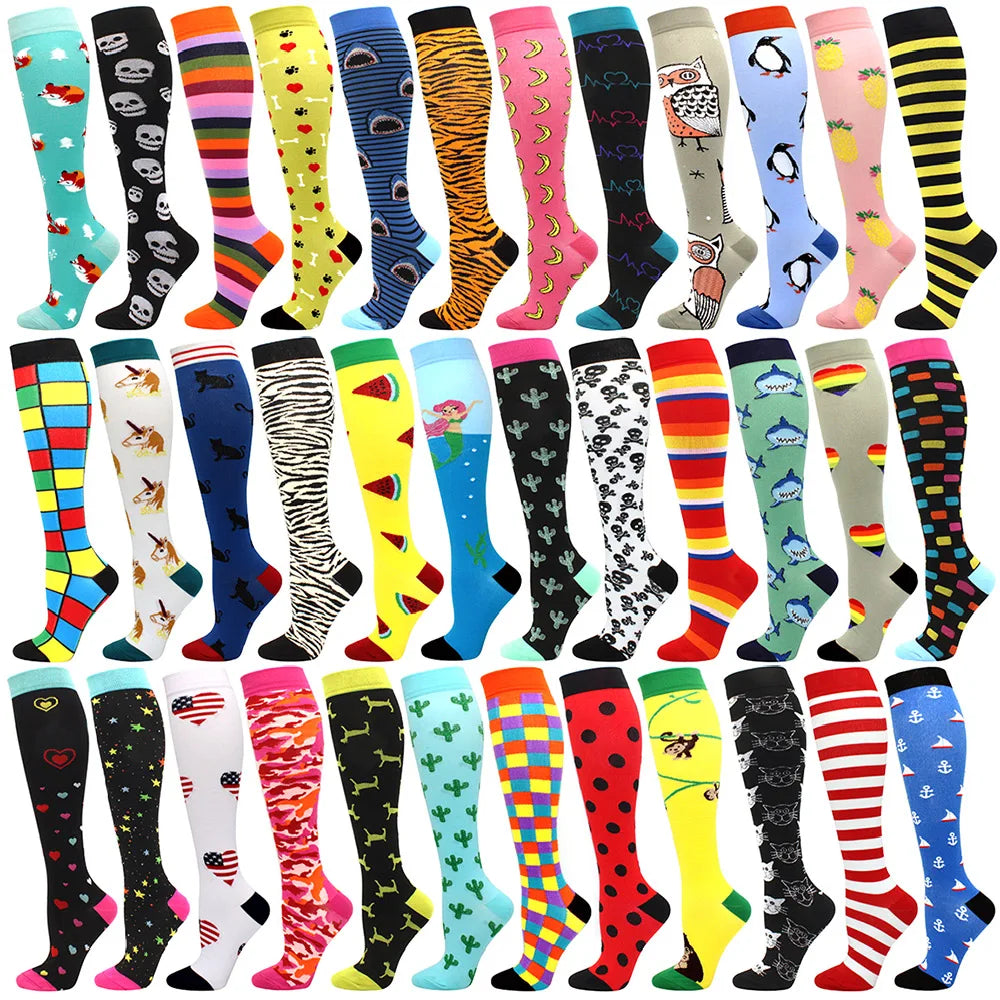 A collection of colorful medical grade compression socks for circulation and vein support.