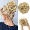 Blonde hair extensions styled in a messy curly bun on a person's head and separate examples.