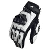 A pair of white and black racing genuine leather motorcycle riding gloves shown in a close-up view.