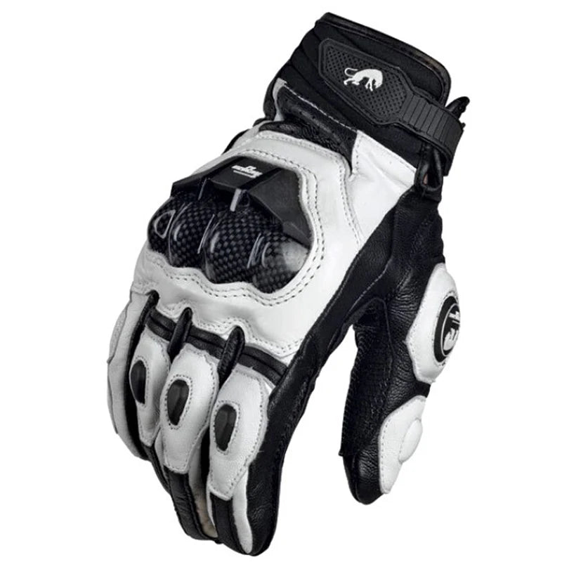 A pair of white and black racing genuine leather motorcycle riding gloves shown in a close-up view.