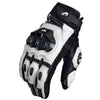 A pair of black and white racing genuine leather motorcycle riding gloves.