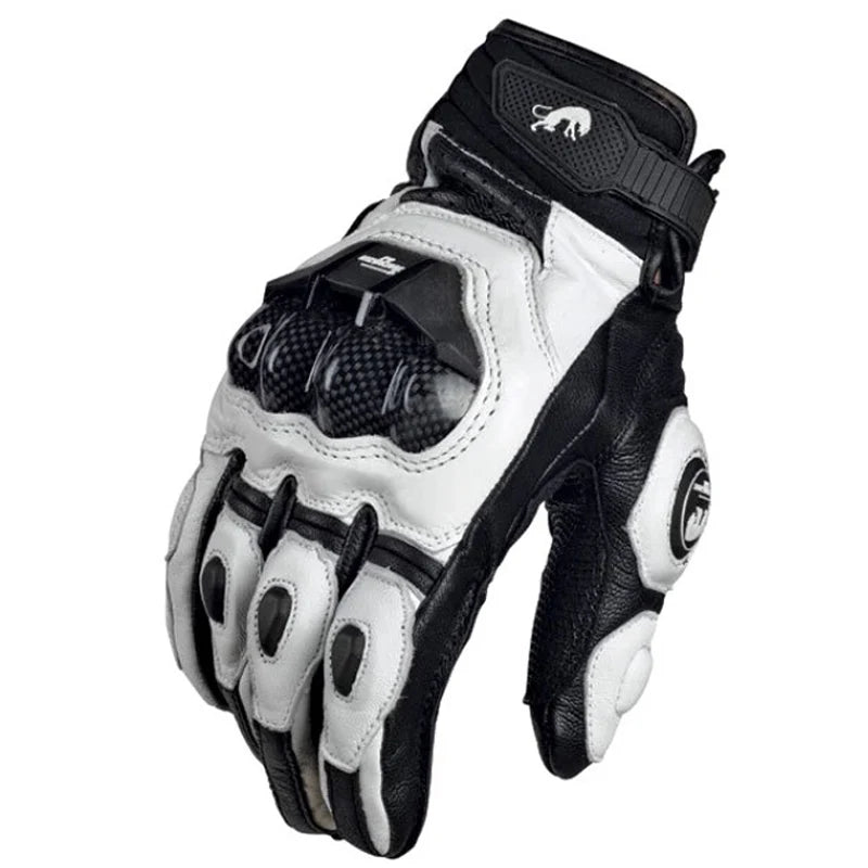 A pair of black and white racing genuine leather motorcycle riding gloves.