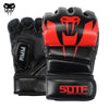 A pair of black and red MMA boxing gloves with the SOFT brand logo visible on the wrist strap.