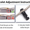 Instructions for adjusting a bracelet using tools to strike a pin on the side.