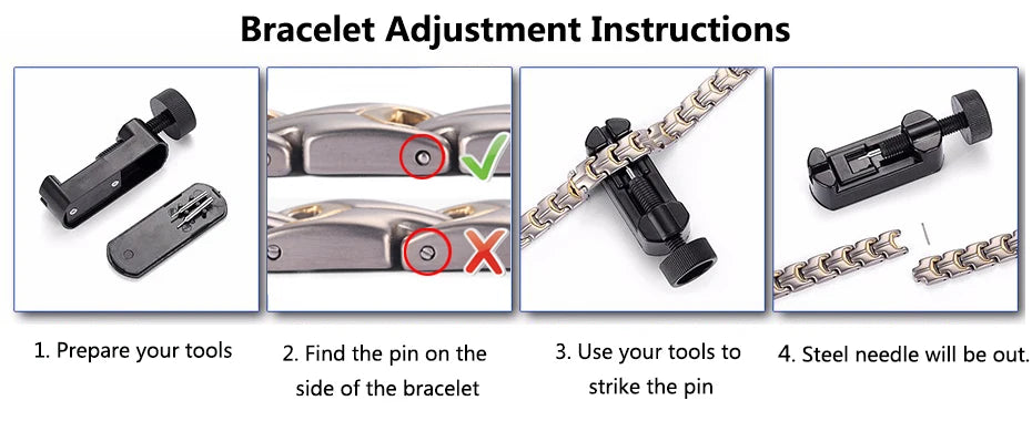 Instructions for adjusting a bracelet using tools to strike a pin on the side.