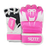 A pair of pink and white MMA boxing gloves for combat sports
