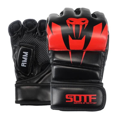 A pair of black and red MMA boxing gloves for combat sports