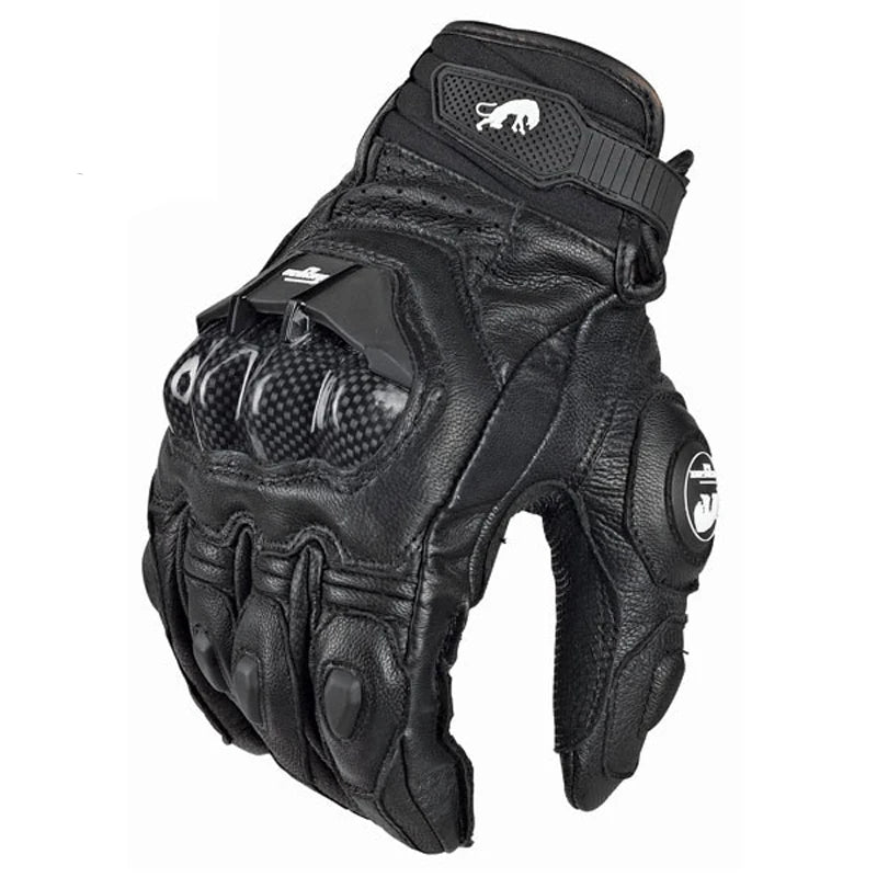Black racing genuine leather motorcycle riding gloves shown from the back view