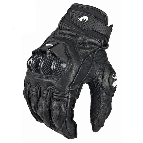 Black racing genuine leather motorcycle riding gloves shown from the back view