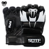 A pair of black and white MMA boxing gloves featuring a stylized skull design.
