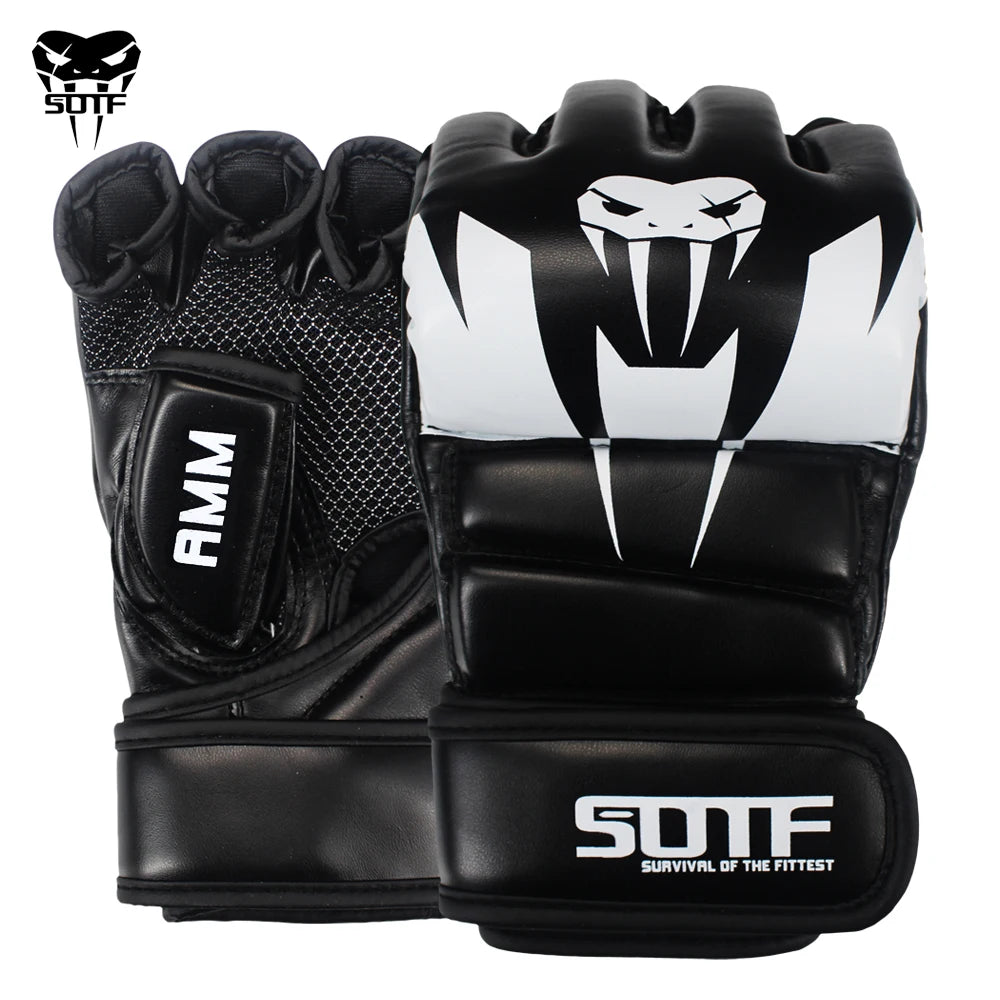 A pair of black and white MMA boxing gloves featuring a stylized skull design.