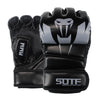 A pair of black MMA boxing gloves featuring a white graphic design and a black wrist strap.