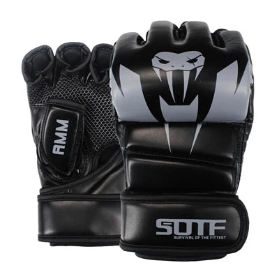 A pair of black MMA boxing gloves featuring a white graphic design and a black wrist strap.