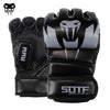 A pair of black and white MMA boxing gloves with the SOFT brand logo visible.