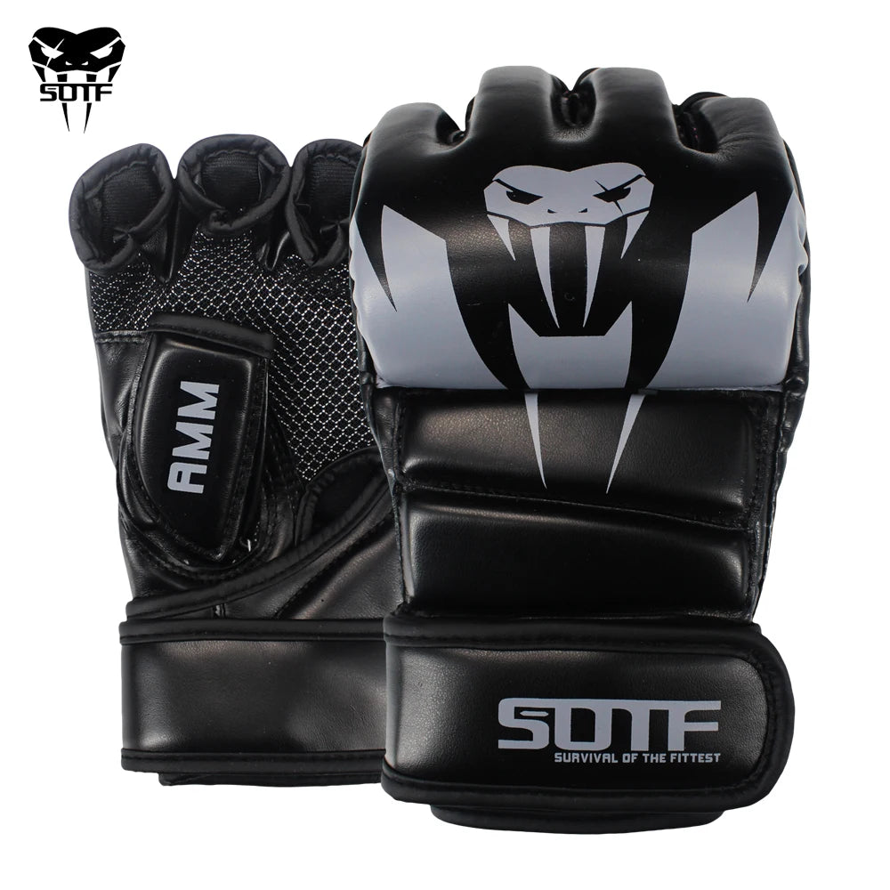 A pair of black and white MMA boxing gloves with the SOFT brand logo visible.