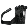 Black MMA boxing gloves with padded knuckles and wrist strap.