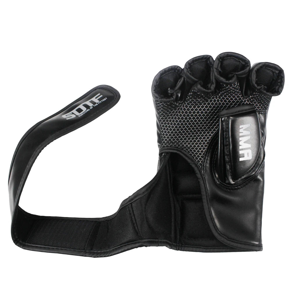 Black MMA boxing gloves with padded knuckles and wrist strap.