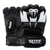 A pair of black and white MMA boxing gloves featuring a stylized skull design.
